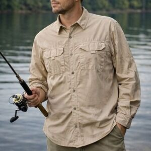 Gramicci Shirt Men's M Vented Fishing Beige Long Sleeve Roll Tab Gorp 100% Nylon
